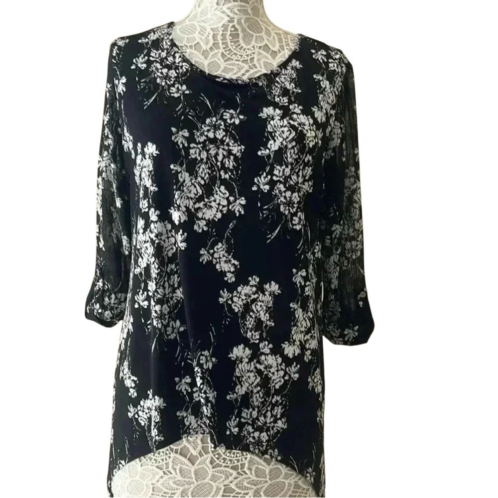 Black White Floral Sheer Blouse Tunic Top 3/4 Sleeve High Low Hem